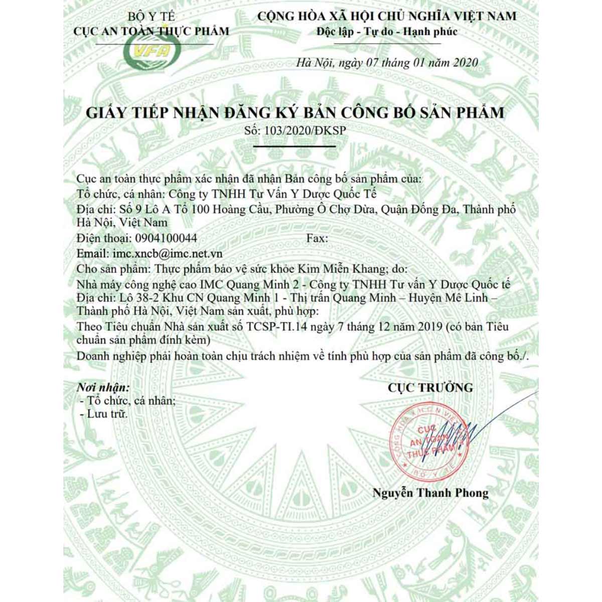 Giấy tiếp nhận bản đăng ký công bố sản phẩm Kim Miễn Khang